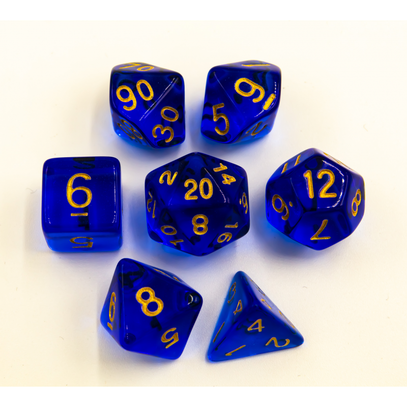 Blue Glass Set of 7 Gemstone Polyhedral Dice with Gold Numbers for D20 based RPG's