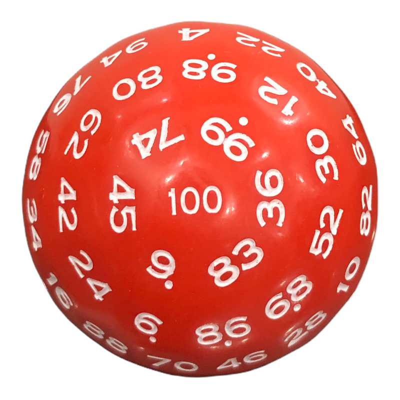 Single Red D100 Opaque Polyhedral Die with White Numbers for D20 based RPG's