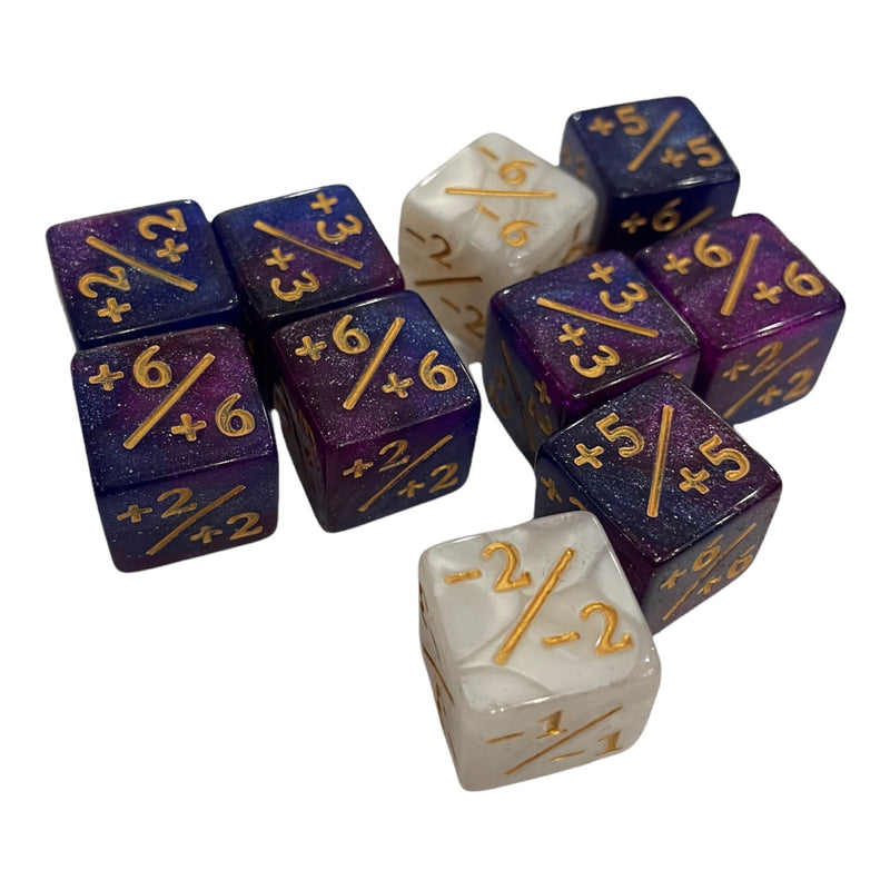 Set of 10 positive and negative counter dice, 8 positive 2 negative. Great for MTG. Galaxy Blue/Purple Positive and Marbled White Negative Counters