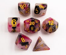Black/Red/White Set of 7 Jade Fusion Polyhedral Dice with Gold Numbers for D20 based RPG's