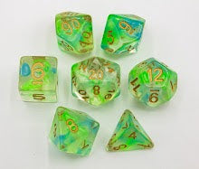 Blue/Green Set of 7 Swirl Polyhedral Dice with Gold Numbers for D20 based RPG's