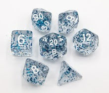 Blue Set of 7 Glitter Polyhedral Dice with White Numbers for D20 based RPG's