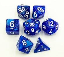 Blue Set of 7 Marbled Polyhedral Dice with White Numbers for D20 based RPG's