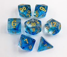 Blue Set of 7 Nebula Polyhedral Dice with Gold Numbers for D20 based RPG's