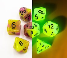 Green/Pink Set of 7 Fusion Glow In Dark Polyhedral Dice with Black Numbers for D20 based RPG's