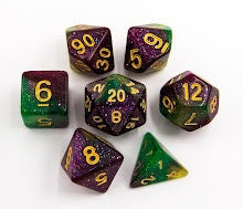 Green/Purple Set of 7 Shimmering Galaxy Polyhedral Dice with Gold Numbers for D20 based RPG's