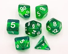 Green Set of 7 Aurora Polyhedral Dice with White Numbers for D20 based RPG's