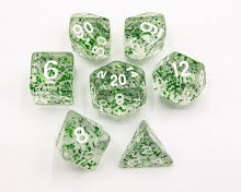 Green Set of 7 Glitter Polyhedral Dice with White Numbers for D20 based RPG's