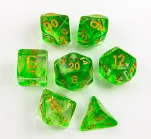 Green Set of 7 Nebula Polyhedral Dice with Gold Numbers for D20 based RPG's