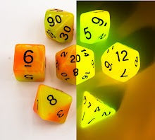 Orange/Yellow Set of 7 Fusion Glow In Dark Polyhedral Dice with Black Numbers for D20 based RPG's