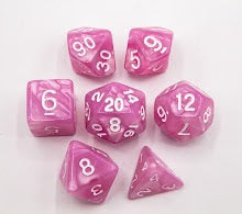 Pink Set of 7 Marbled Polyhedral Dice with White Numbers for D20 based RPG's
