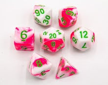Pink/White Set of 7 Fusion Polyhedral Dice with Green Numbers for D20 based RPG's