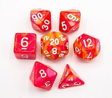 Pink/Yellow Set of 7 Fusion Polyhedral Dice with White Numbers for D20 based RPG's