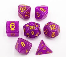 Purple Set of 7 Jelly Polyhedral Dice with Gold Numbers for D20 based RPG's