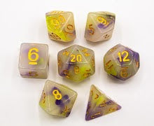 Purple/Yellow Set of 7 Jade Fusion Polyhedral Dice with Gold Numbers for D20 based RPG's