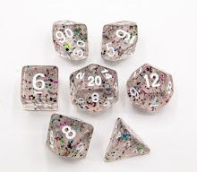 Rainbow Set of 7 Glitter Polyhedral Dice with White Numbers for D20 based RPG's