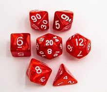 Red Set of 7 Marbled Polyhedral Dice with White Numbers for D20 based RPG's