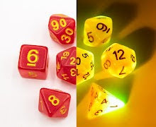 Red/White Set of 7 Fusion Glow In Dark Polyhedral Dice with Gold Numbers for D20 based RPG's