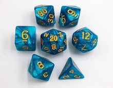 Teal Set of 7 Marbled Polyhedral Dice with Gold Numbers for D20 based RPG's