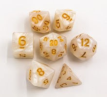 White Set of 7 Marbled Polyhedral Dice with Gold Numbers for D20 based RPG's