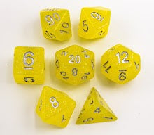 Yellow Set of 7 Jelly Polyhedral Dice with Silver Numbers for D20 based RPG's