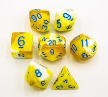 Yellow Set of 7 Milky Polyhedral Dice with Blue Numbers for D20 based RPG's