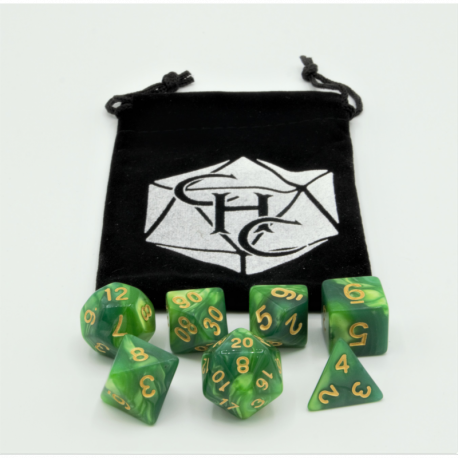 Green/Yellow Set of 7 Fusion Polyhedral Dice with Gold Numbers for D20 based RPG's