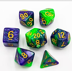 Green/Purple Set of 7 Glitter Fusion Polyhedral Dice with Silver Numbers for D20 based RPG's