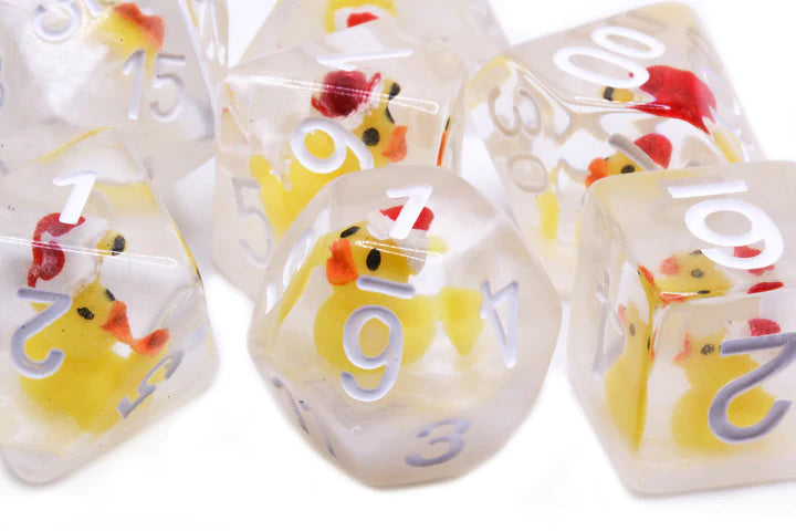 Duck - Santa Yellow Set of 7 Filled Polyhedral Dice with White Numbers for D20 based RPG's