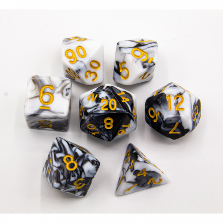 Black/White Set of 7 Fusion Polyhedral Dice with Gold Numbers for D20 based RPG's