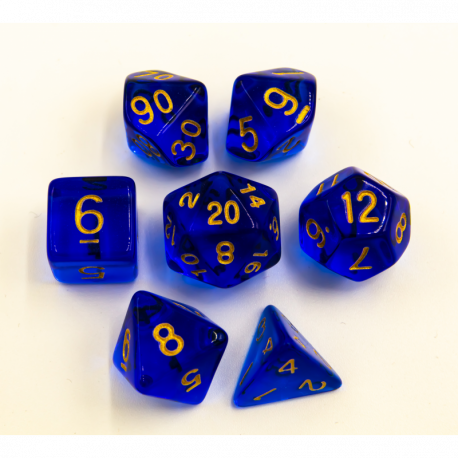 Blue Set of 7 Cloudy Polyhedral Dice with Gold Numbers for D20 based RPG's