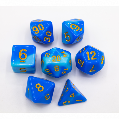 Light Blue/Dark Blue Set of 7 Fusion Polyhedral Dice with Gold Numbers for D20 based RPG's
