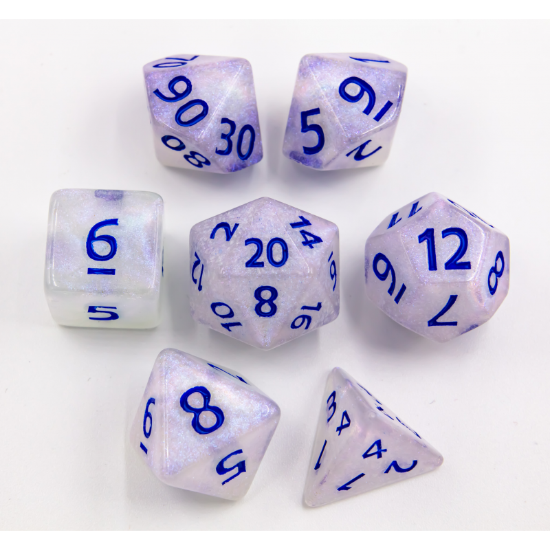 Silver Blue Glitter Set of 7 Special Set Polyhedral Dice with Silver Numbers for D20 based RPG's