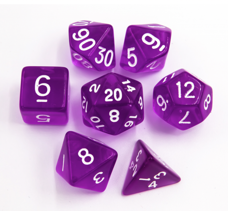 Purple Transparent Set of 7 Mini Polyhedral Dice with White Numbers for D20 based RPG's