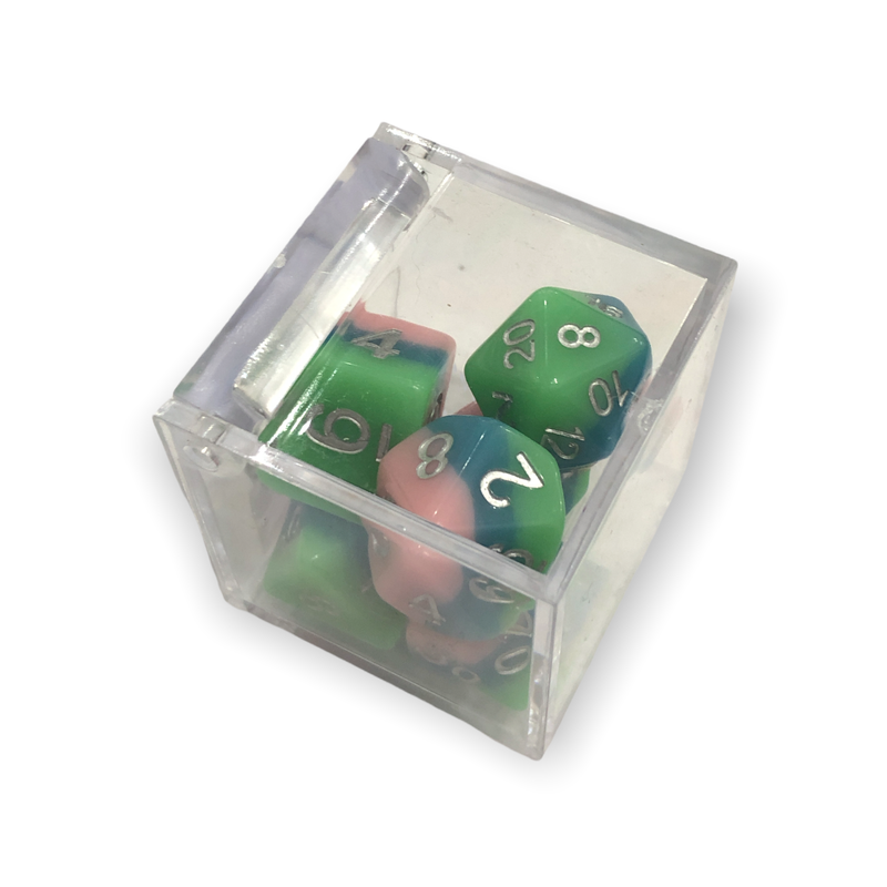 Green/Blue/Pink Set of 7 Multi-layer Polyhedral Dice with Silver Numbers for D20 based RPG's
