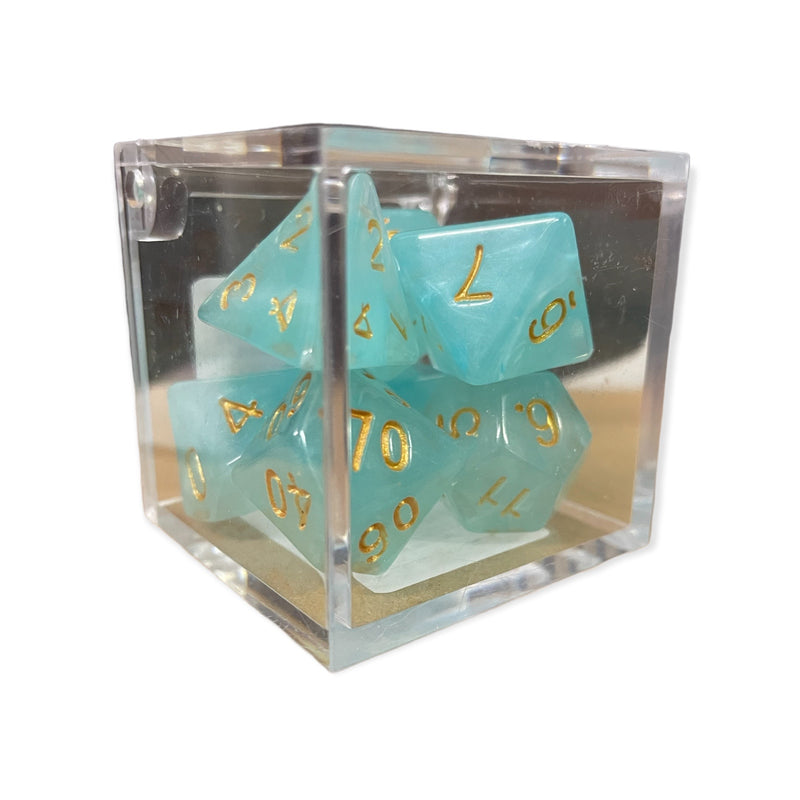 Light Blue Set of 7 Cloudy Polyhedral Dice with Gold Numbers for D20 based RPG's