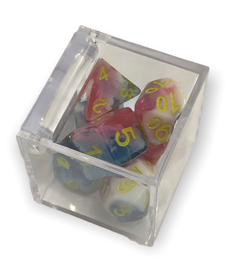 Blue/White/Pink Set of 7 Muli-layer Polyhedral Dice with Green Numbers for D20 based RPG's