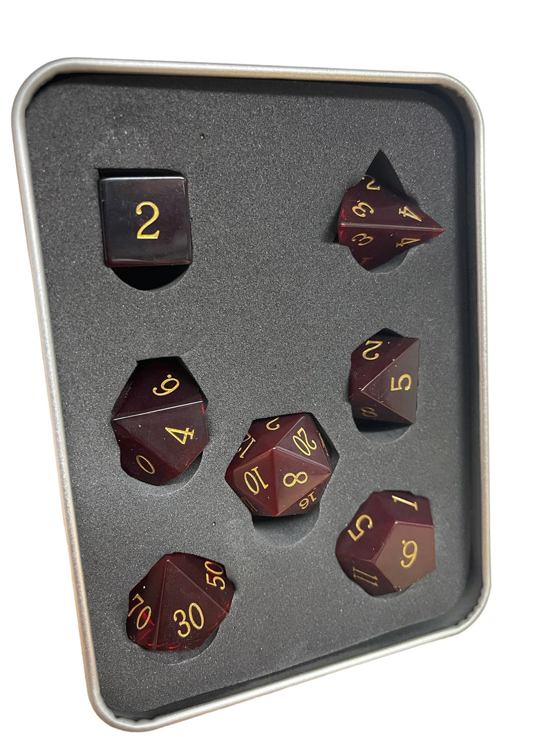 Red Glass Set of 7 Gemstone Polyhedral Dice with Gold Numbers for D20 based RPG's