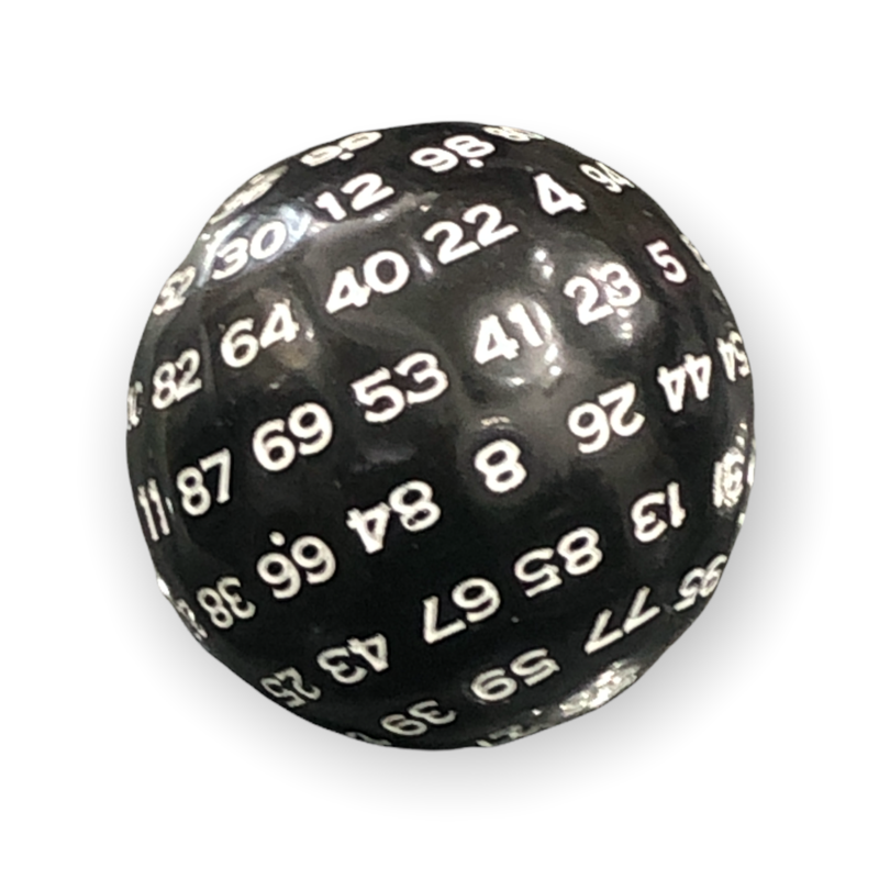 Single Black D100 Opaque Polyhedral Die with White Numbers for D20 based RPG's