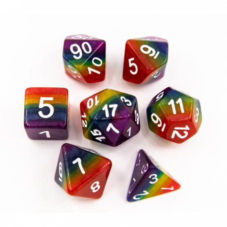 Rainbow Ribbon Set of 7 Special Set Polyhedral Dice with White Numbers for D20 based RPG's