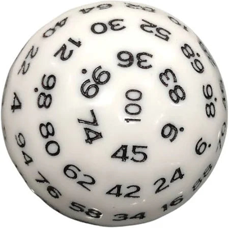 Single White D100 Opaque Polyhedral Die with Black Numbers for D20 based RPG's