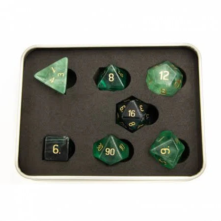 Green Glass Set of 7 Gemstone Polyhedral Dice with Gold Numbers for D20 based RPG's