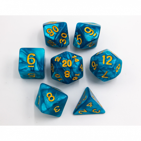 Teal Set of 7 Glitter Polyhedral Dice with Orange Numbers for D20 based RPG's