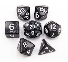 Black Set of 7 Marbled Polyhedral Dice with White Numbers for D20 based RPG's