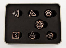 Black Shadow Set of 7 Metal Polyhedral Dice with Copper Numbers for D20 based RPG's