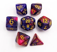 Blue/Red Set of 7 Sparkly Fusion Polyhedral Dice with Gold Numbers for D20 based RPG's