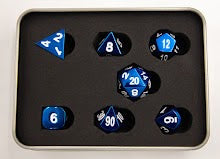 Blue Set of 7 Metal Polyhedral Dice with White Numbers for D20 based RPG's