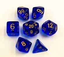 Blue Set of 7 Special Set Polyhedral Dice with Gold Numbers for D20 based RPG's