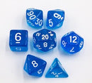 Blue Set of 7 Transparent Polyhedral Dice with White Numbers for D20 based RPG's