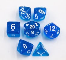 Blue Set of 7 Transparent Polyhedral Dice with White Numbers for D20 based RPG's